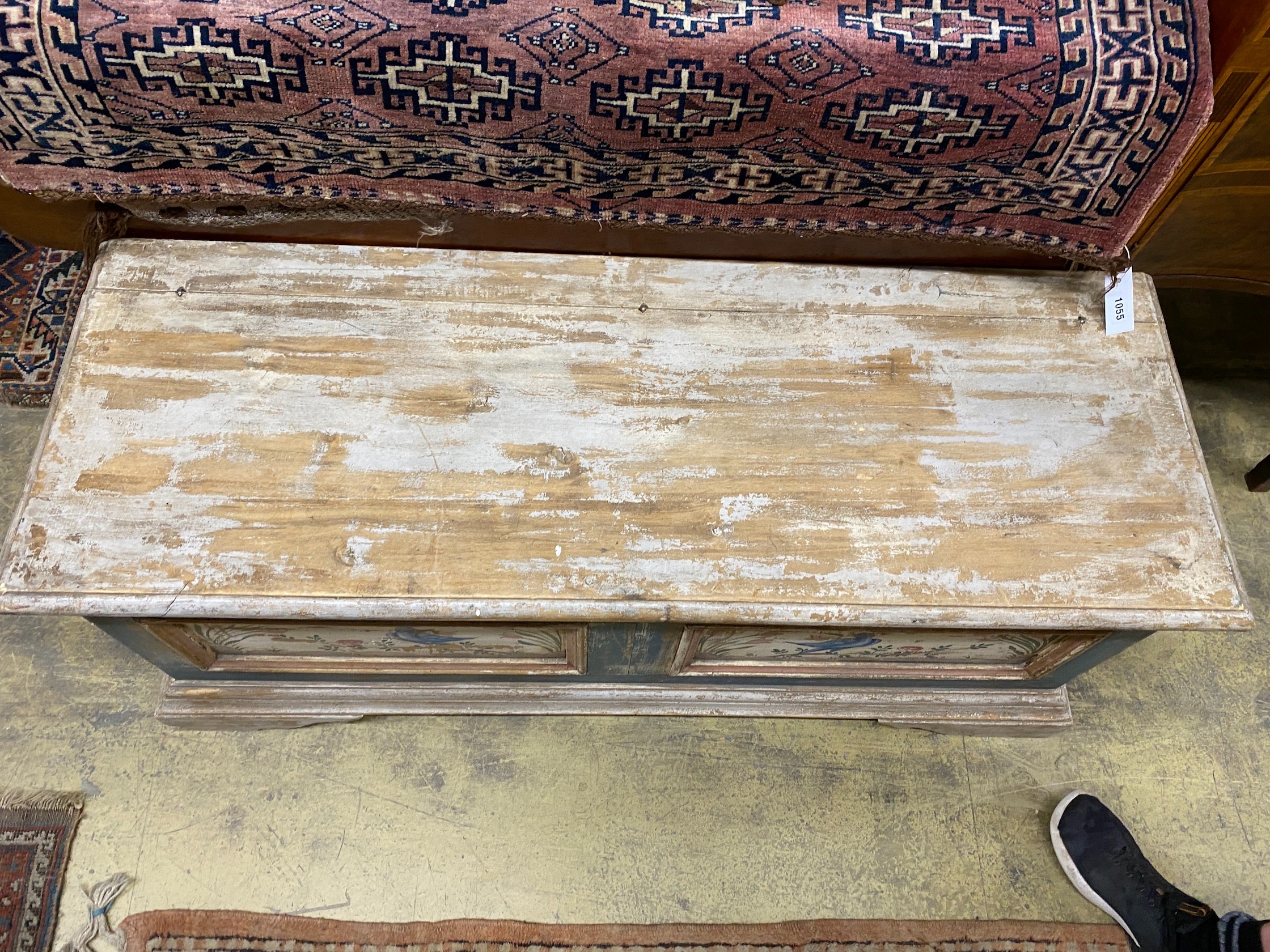 A rectangular Swiss style painted coffer, length 120cm, depth 42cm, height 48cm